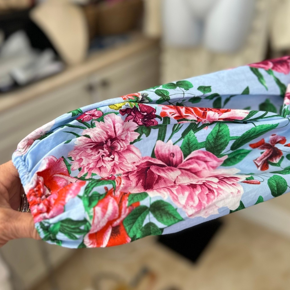 Gibson + Latimer NWT SZ XL Floral Midi Dress Blue Pink Wrap Tiered Puff Sleeve - Picture 6 of 15